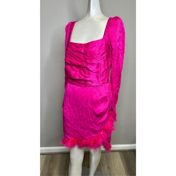 NWT Saylor Ruched Satin Ostrich Feather Trim Brielle Mini Dress Fuchsia Small $3 - Picture 8 of 10